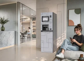 Bianchi DAILY : Bianchi Vending prolonge sa ligne Essential vers les espaces de pause des PME Bianchi DAILY habillé d’un adhésif personnalisé dans un espace de pause de bureau